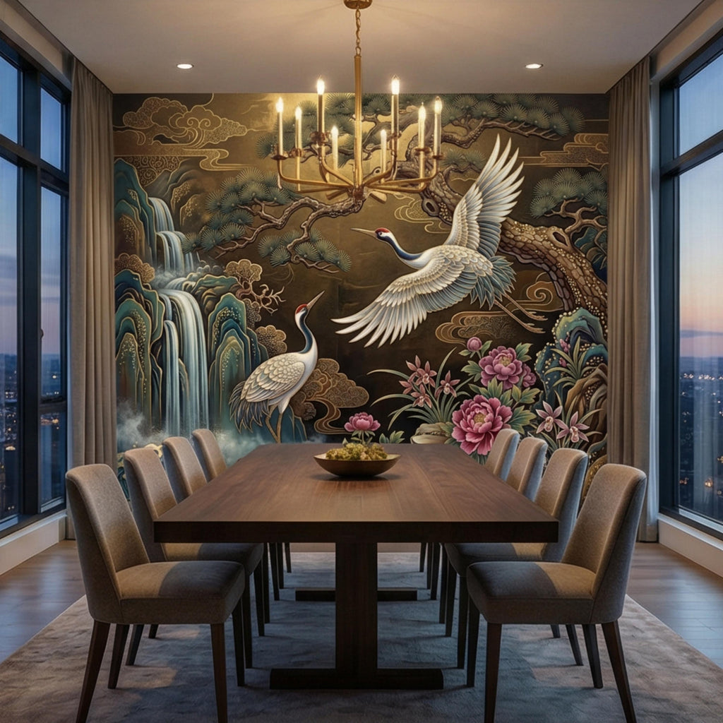 Japanese Crane Waterfall Garden Peel and Stick Wall Mural, Luxury Chinoiserie Floral Wallpaper