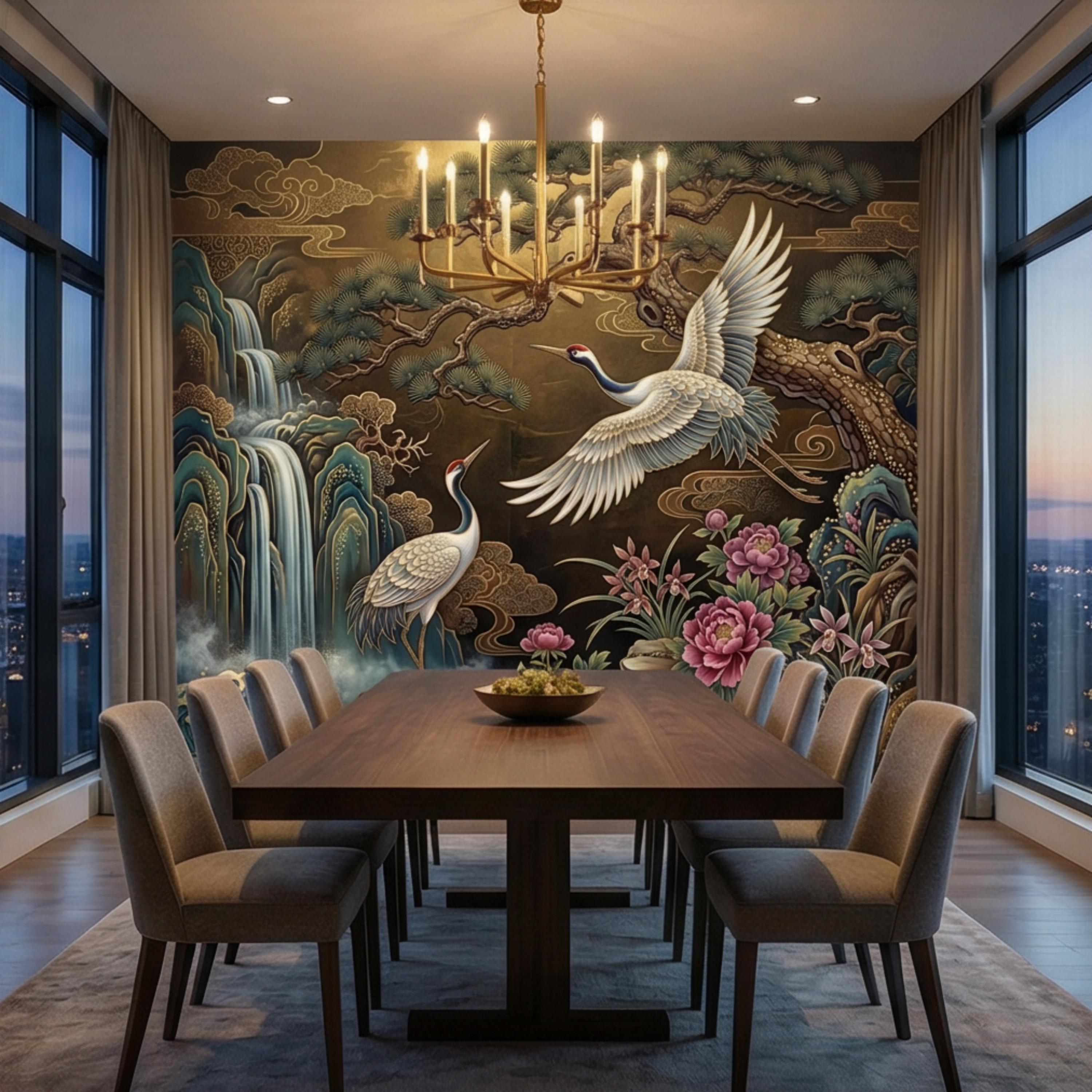 Japanese Crane Waterfall Garden Peel and Stick Wall Mural, Luxury Chinoiserie Floral Wallpaper