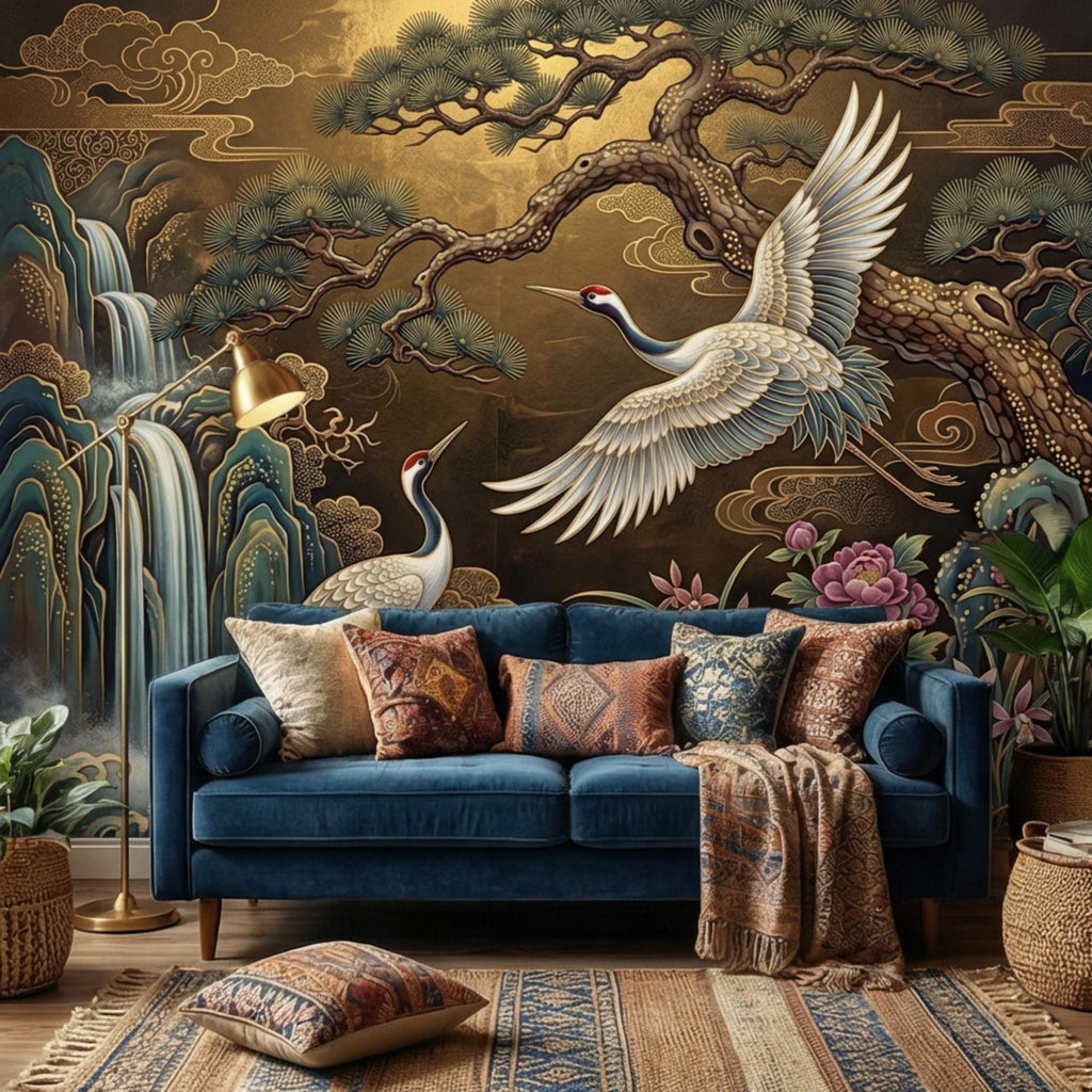 Japanese Crane Waterfall Garden Peel and Stick Wall Mural, Luxury Chinoiserie Floral Wallpaper