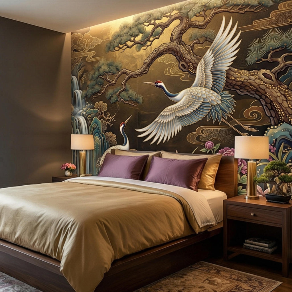 Japanese Crane Waterfall Garden Peel and Stick Wall Mural, Luxury Chinoiserie Floral Wallpaper