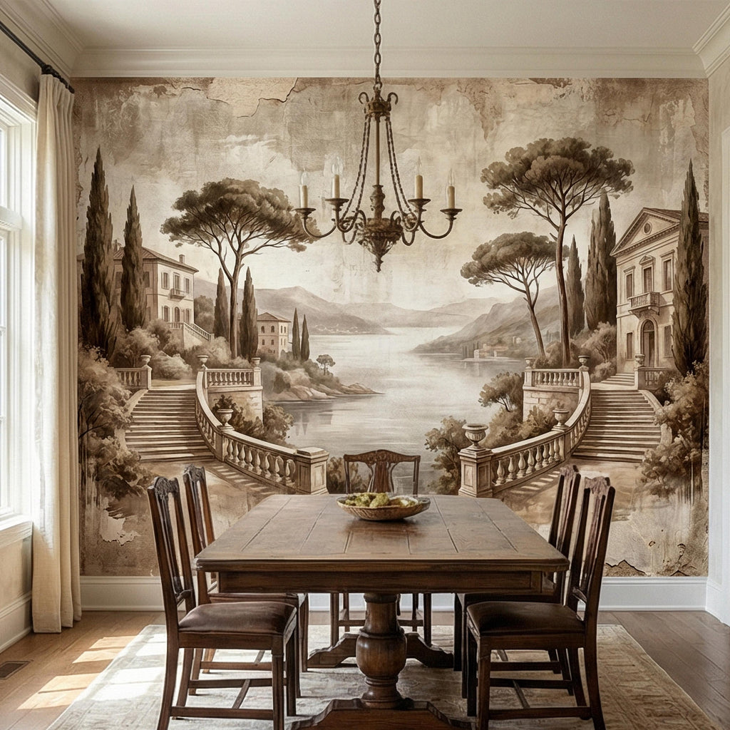 Italian Lake Peel and Stick Wall Mural, Vintage Villa Landscape, Neutral Old World Scenic, Mediterranean Wallpaper