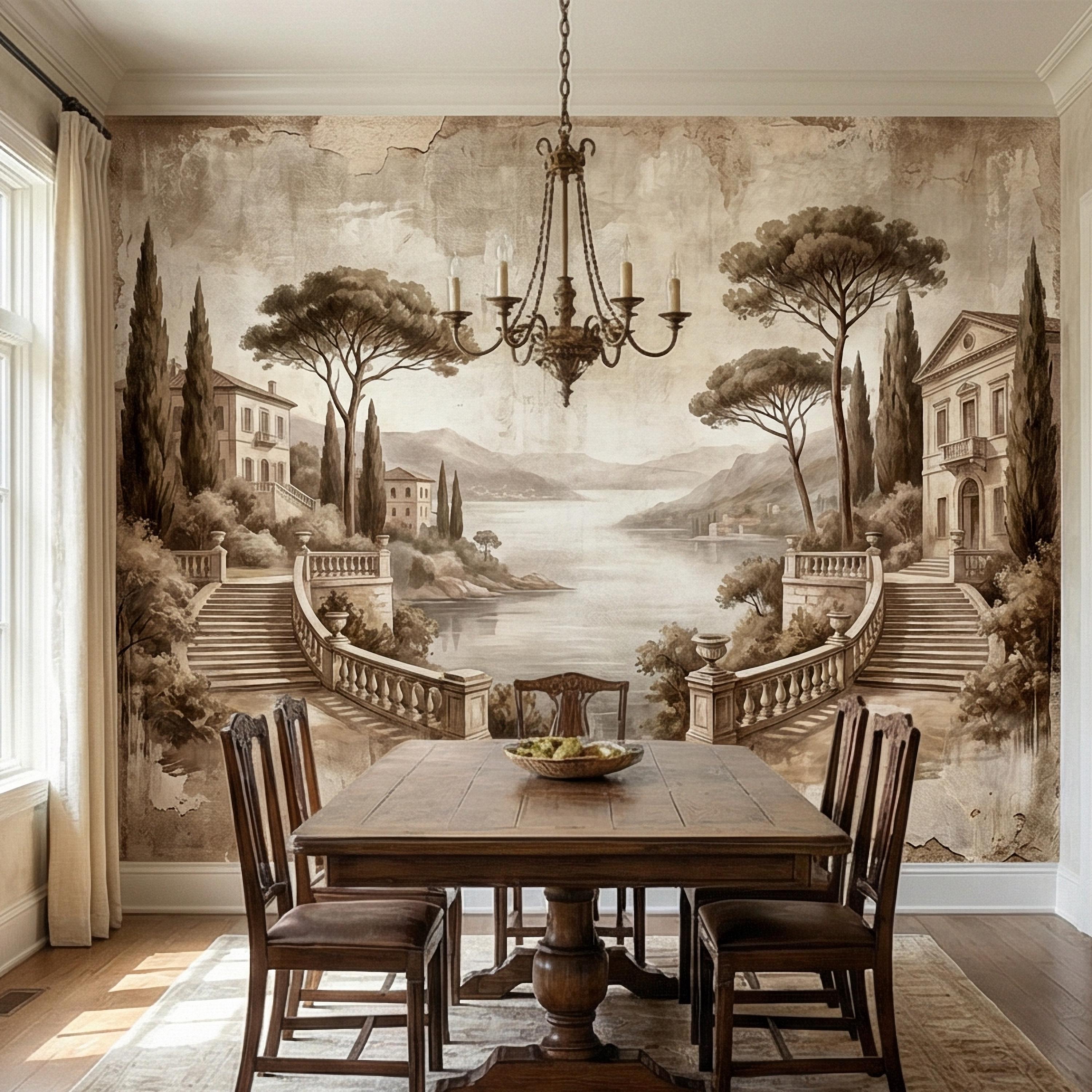 Italian Lake Peel and Stick Wall Mural, Vintage Villa Landscape, Neutral Old World Scenic, Mediterranean Wallpaper
