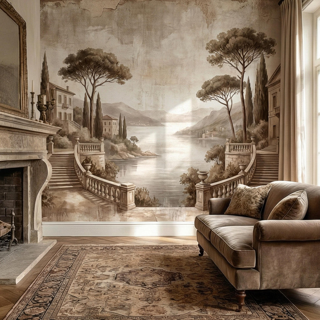 Italian Lake Peel and Stick Wall Mural, Vintage Villa Landscape, Neutral Old World Scenic, Mediterranean Wallpaper