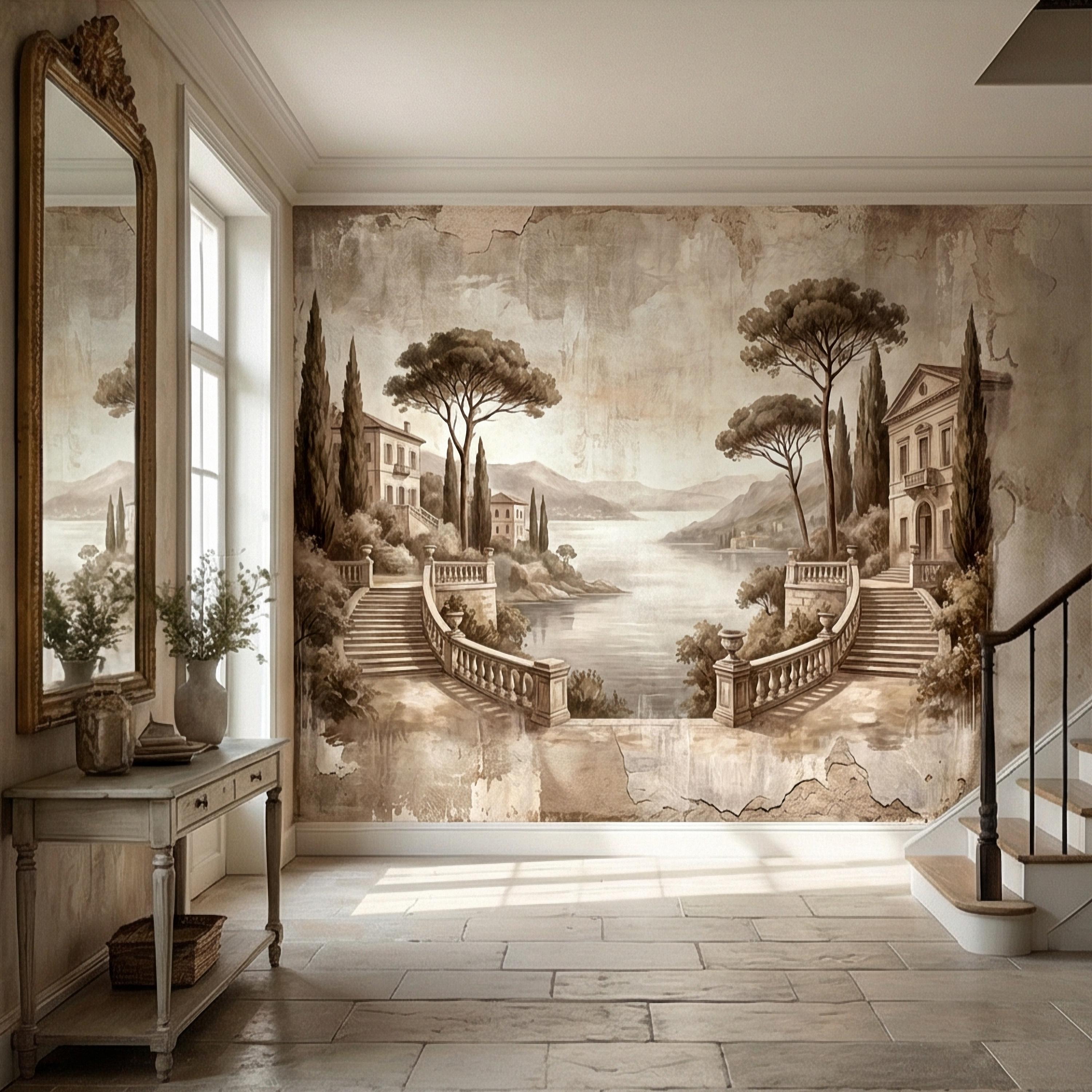 Italian Lake Peel and Stick Wall Mural, Vintage Villa Landscape, Neutral Old World Scenic, Mediterranean Wallpaper