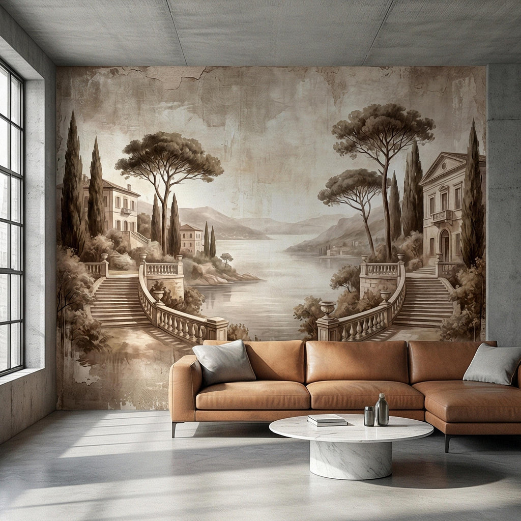 Italian Lake Peel and Stick Wall Mural, Vintage Villa Landscape, Neutral Old World Scenic, Mediterranean Wallpaper