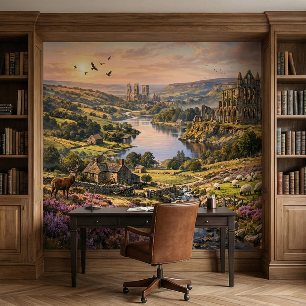 English Countryside Peel and Stick Wall Mural, Abbey Ruins River Valley Heather Moor Landscape Wallpaper