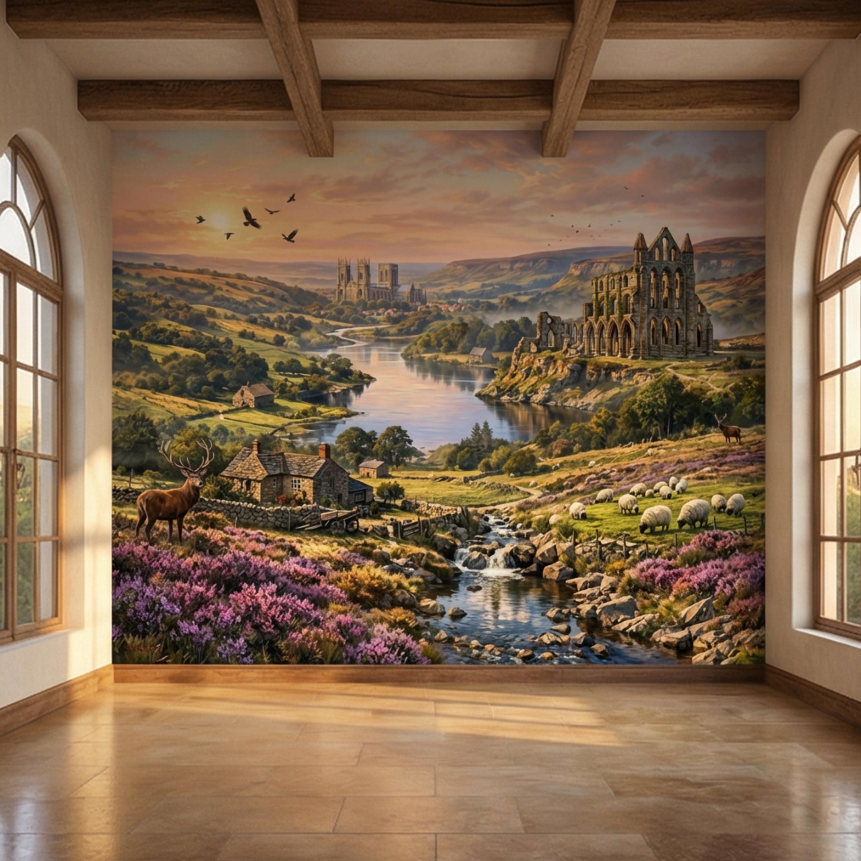 English Countryside Peel and Stick Wall Mural, Abbey Ruins River Valley Heather Moor Landscape Wallpaper