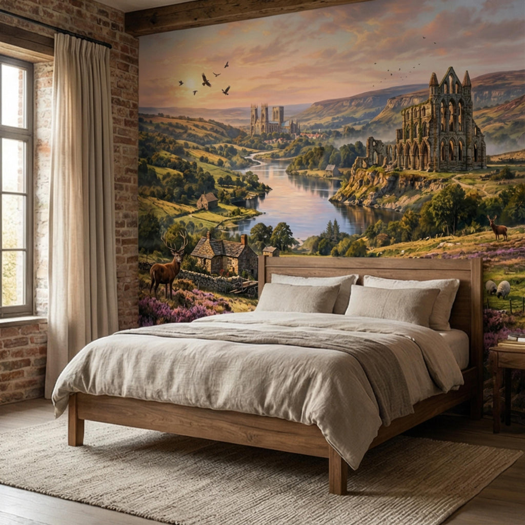 English Countryside Peel and Stick Wall Mural, Abbey Ruins River Valley Heather Moor Landscape Wallpaper