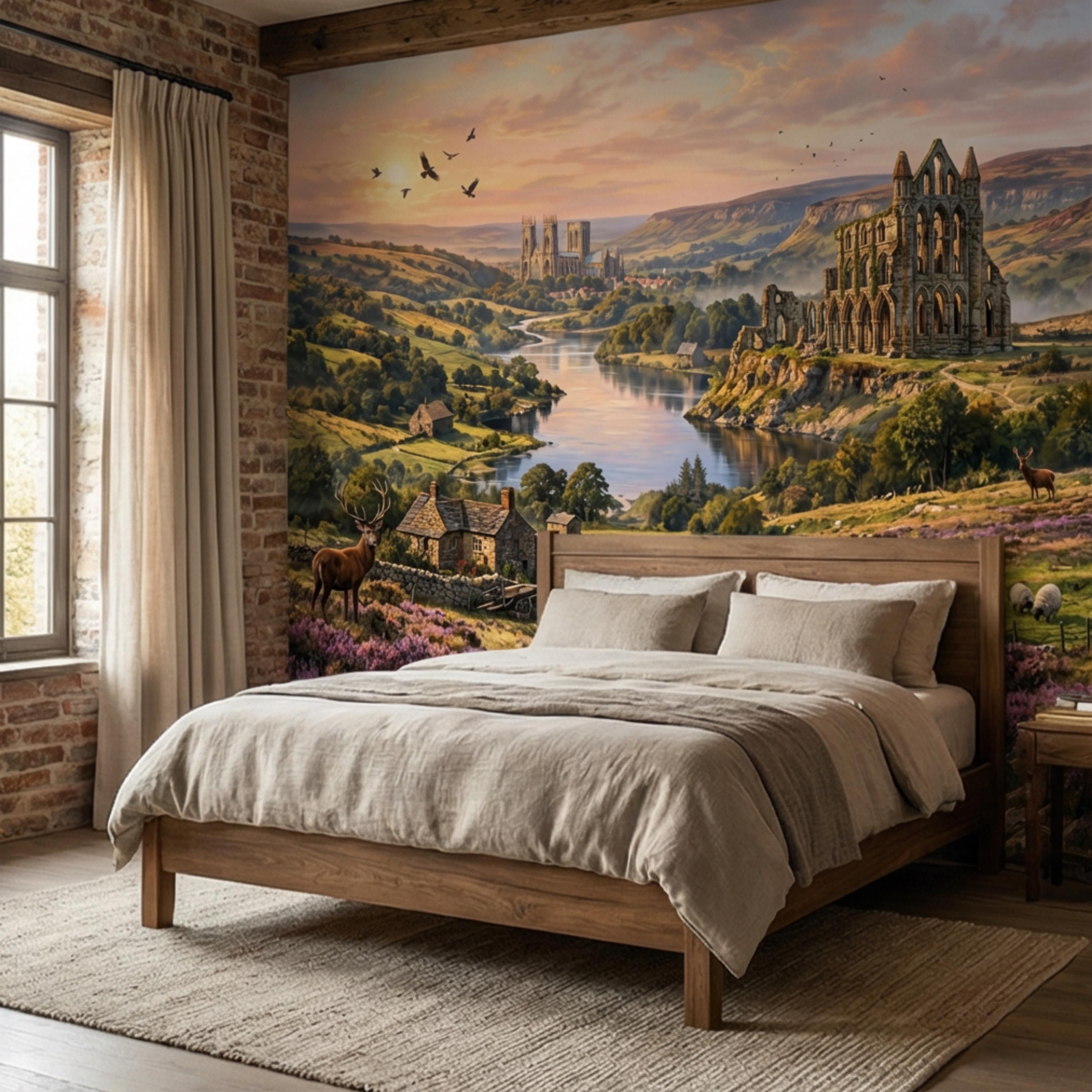 English Countryside Peel and Stick Wall Mural, Abbey Ruins River Valley Heather Moor Landscape Wallpaper