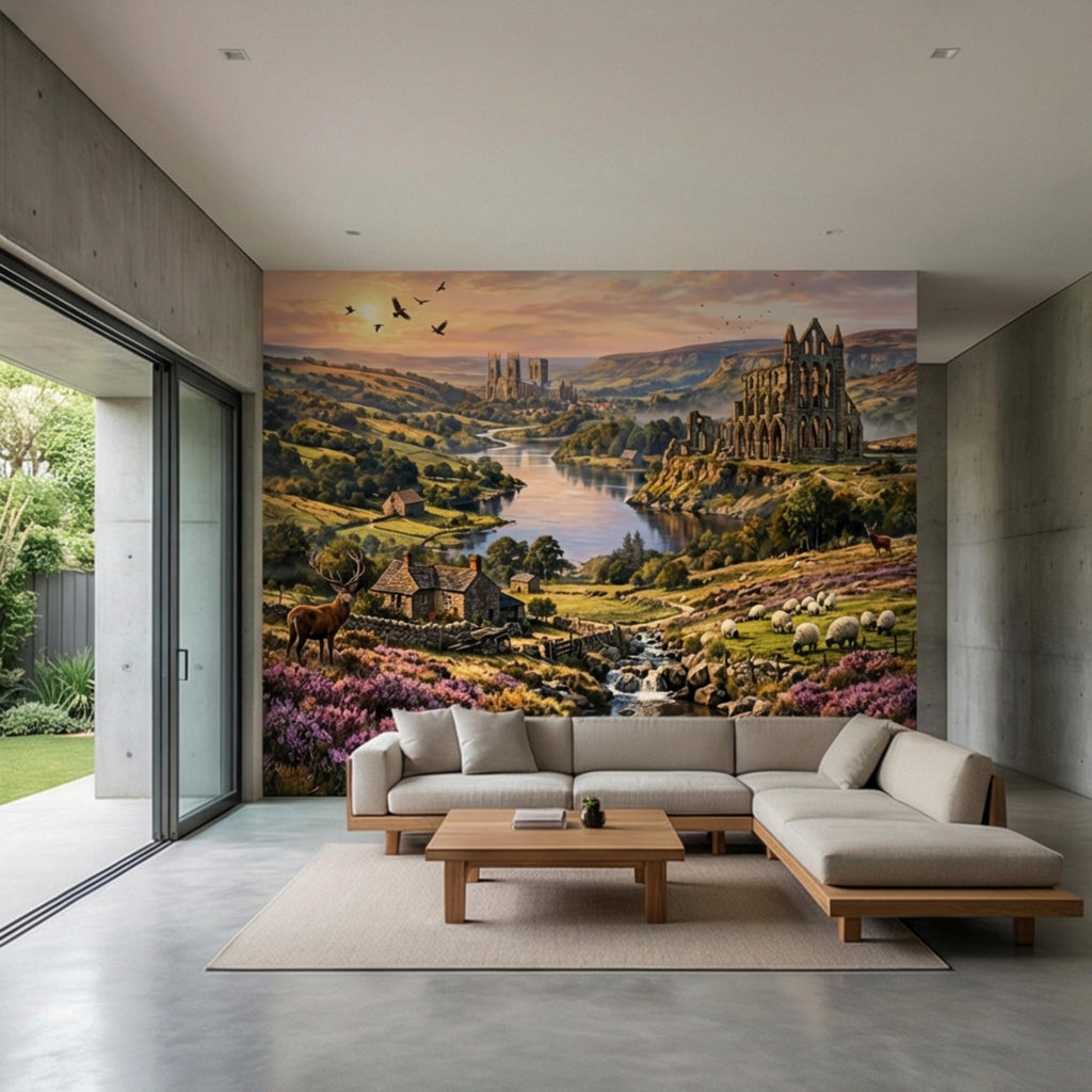 English Countryside Peel and Stick Wall Mural, Abbey Ruins River Valley Heather Moor Landscape Wallpaper