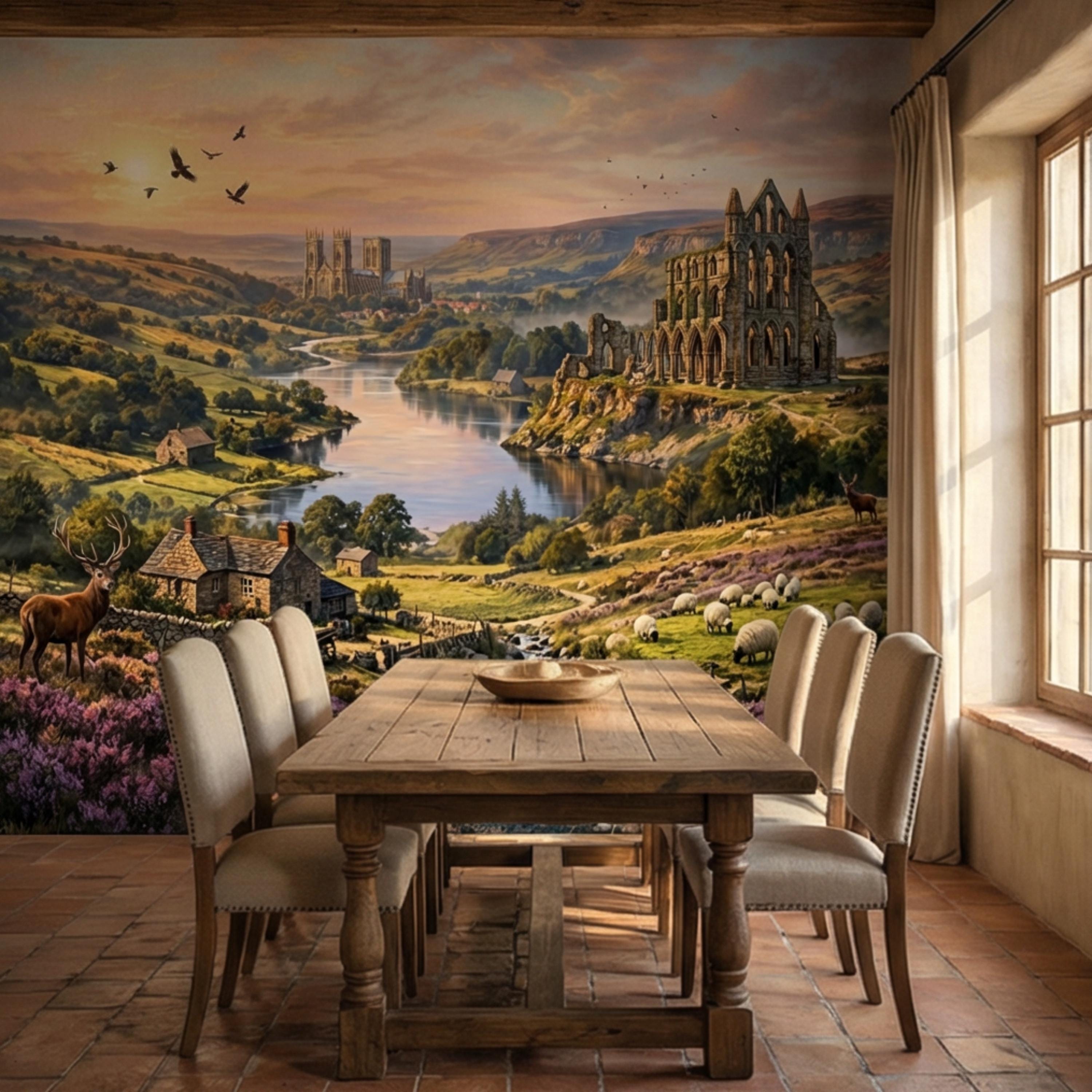 English Countryside Peel and Stick Wall Mural, Abbey Ruins River Valley Heather Moor Landscape Wallpaper