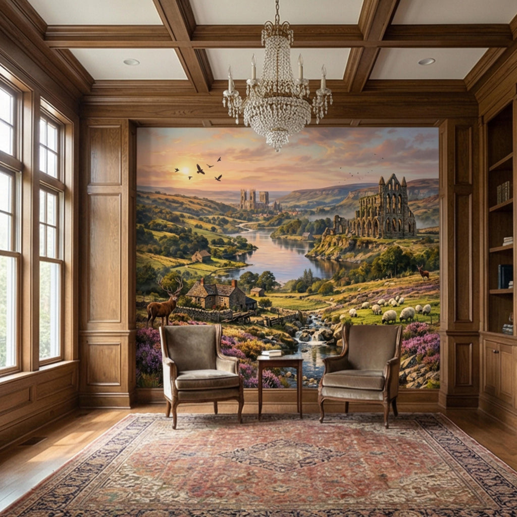 English Countryside Peel and Stick Wall Mural, Abbey Ruins River Valley Heather Moor Landscape Wallpaper