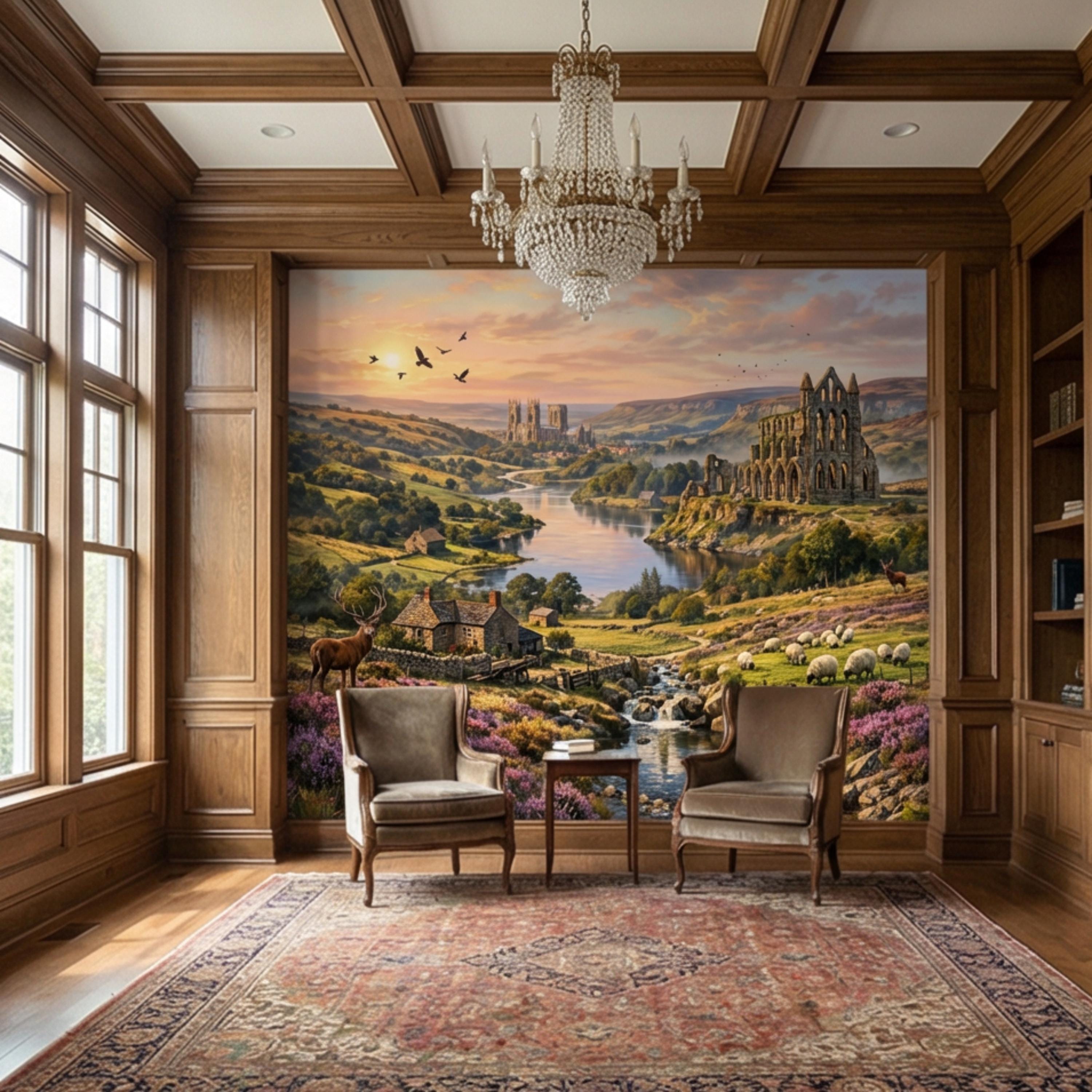 English Countryside Peel and Stick Wall Mural, Abbey Ruins River Valley Heather Moor Landscape Wallpaper