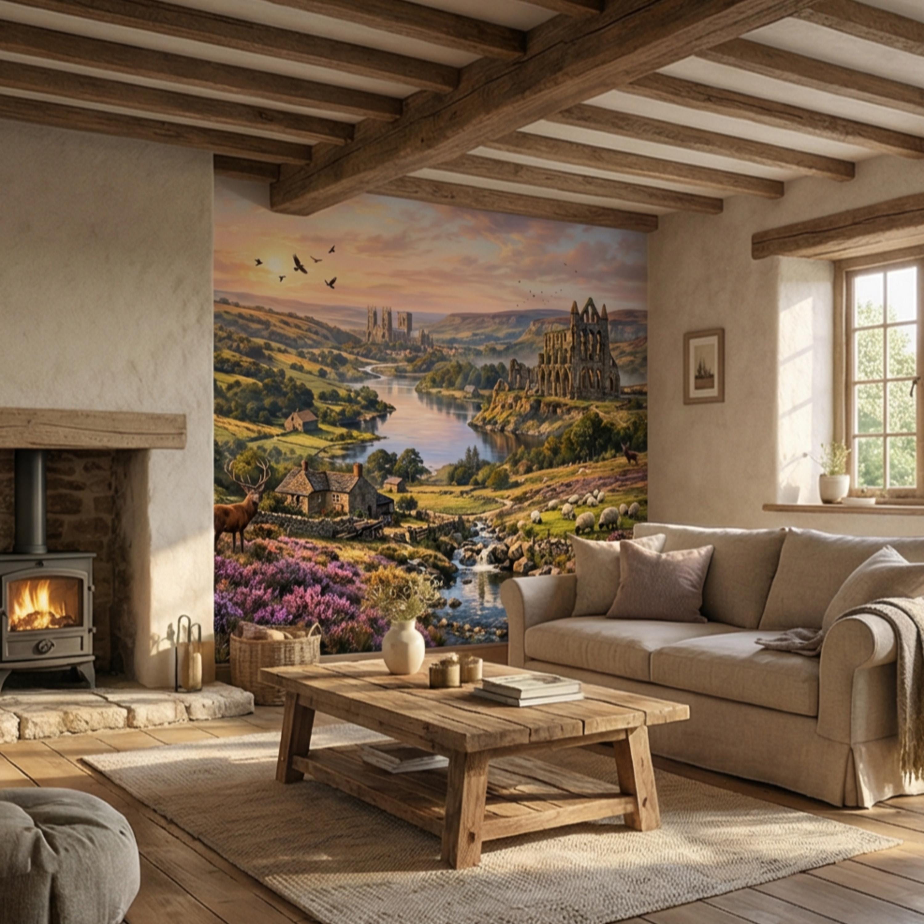 English Countryside Peel and Stick Wall Mural, Abbey Ruins River Valley Heather Moor Landscape Wallpaper