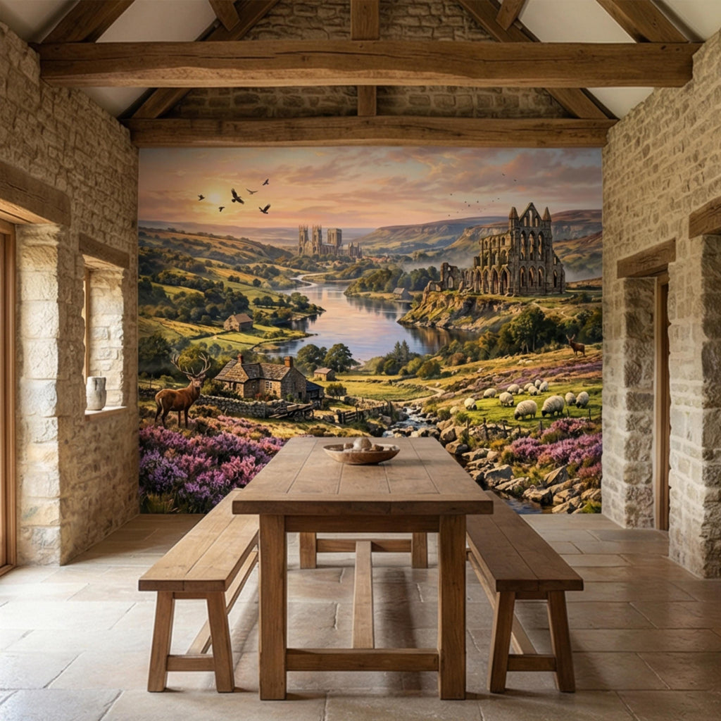 English Countryside Peel and Stick Wall Mural, Abbey Ruins River Valley Heather Moor Landscape Wallpaper