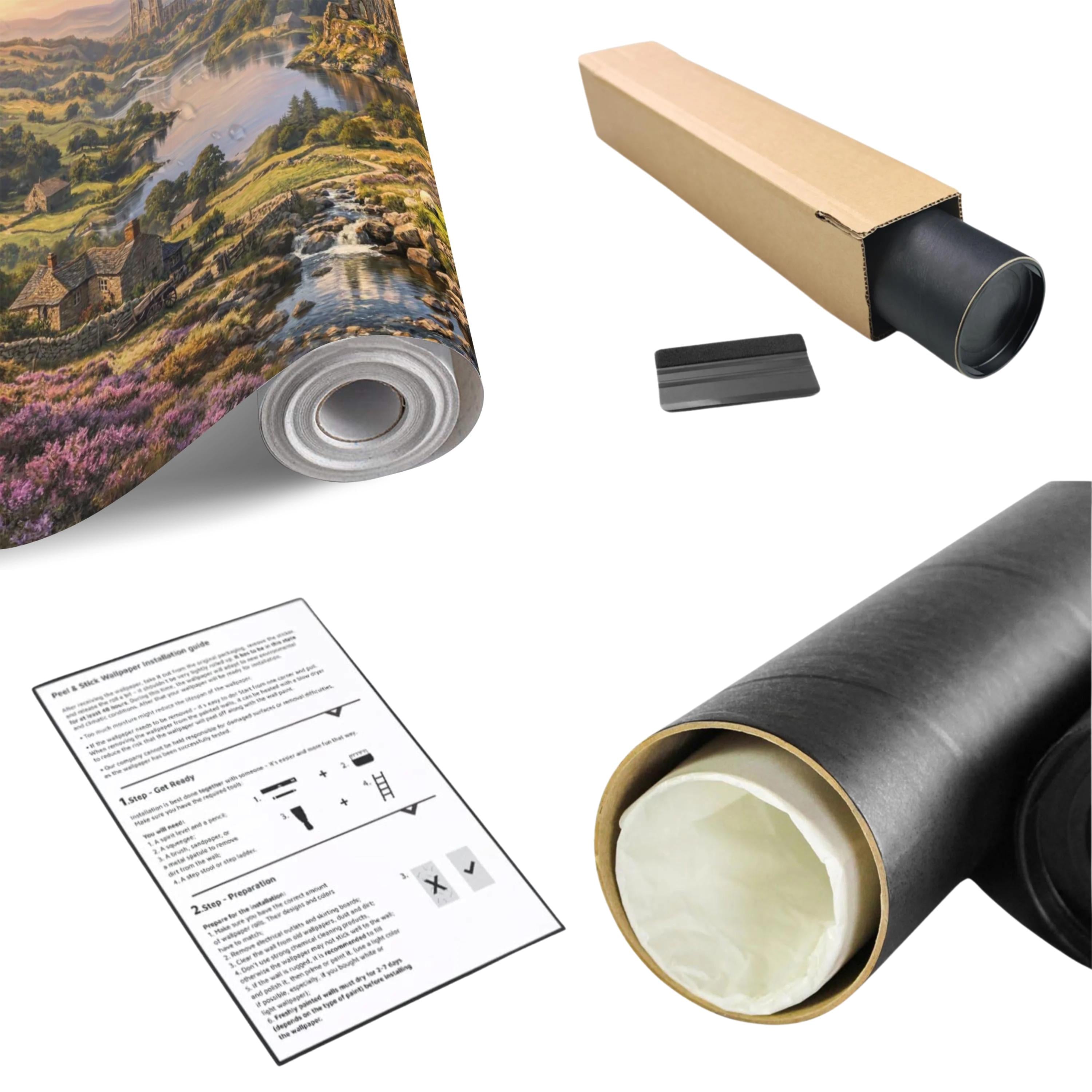 English Countryside Peel and Stick Wall Mural, Abbey Ruins River Valley Heather Moor Landscape Wallpaper
