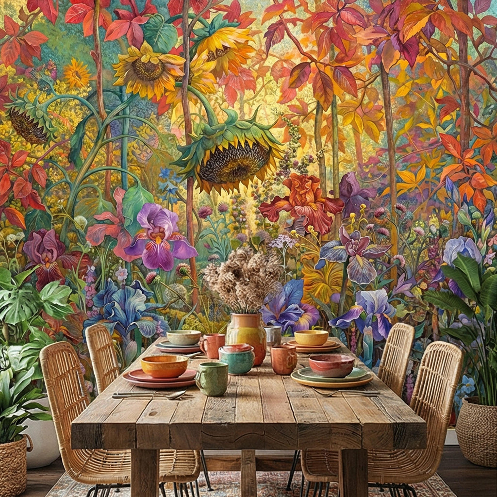 Colorful Floral Peel and Stick Wall Mural, Wild Garden Botanical, Painterly Iris Sunflower Bloom, Maximalist Nature Wallpaper