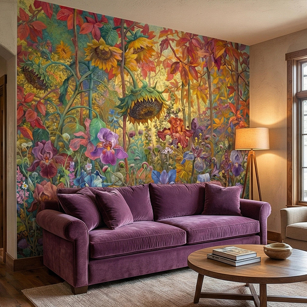 Colorful Floral Peel and Stick Wall Mural, Wild Garden Botanical, Painterly Iris Sunflower Bloom, Maximalist Nature Wallpaper