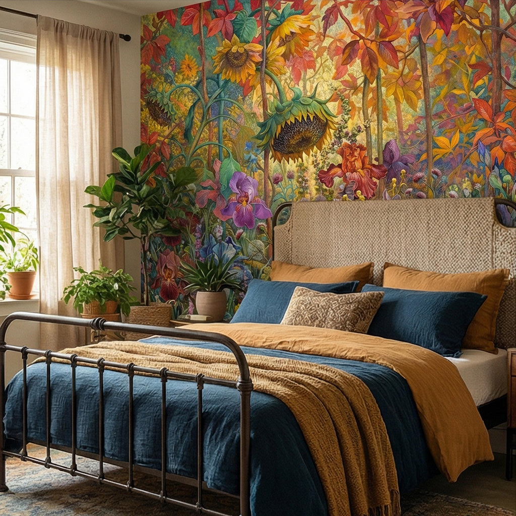 Colorful Floral Peel and Stick Wall Mural, Wild Garden Botanical, Painterly Iris Sunflower Bloom, Maximalist Nature Wallpaper