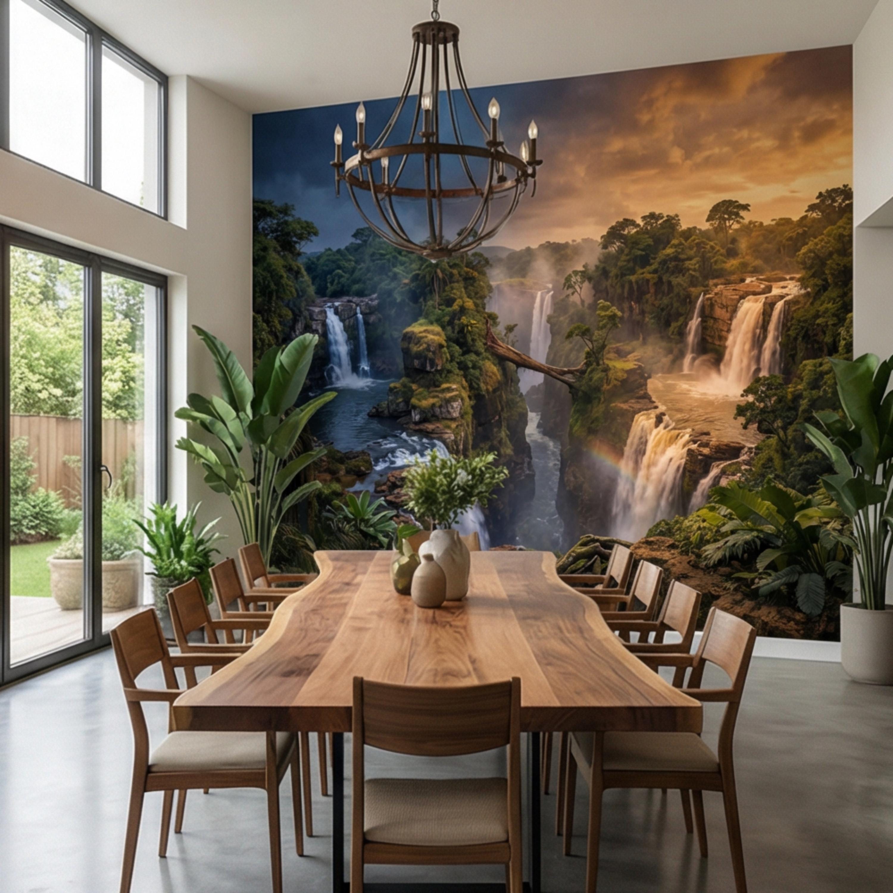 Epic Jungle Canyon Waterfall Sunset Peel and Stick Wall Mural, Dramatic Tropical Landscape Wallpaper