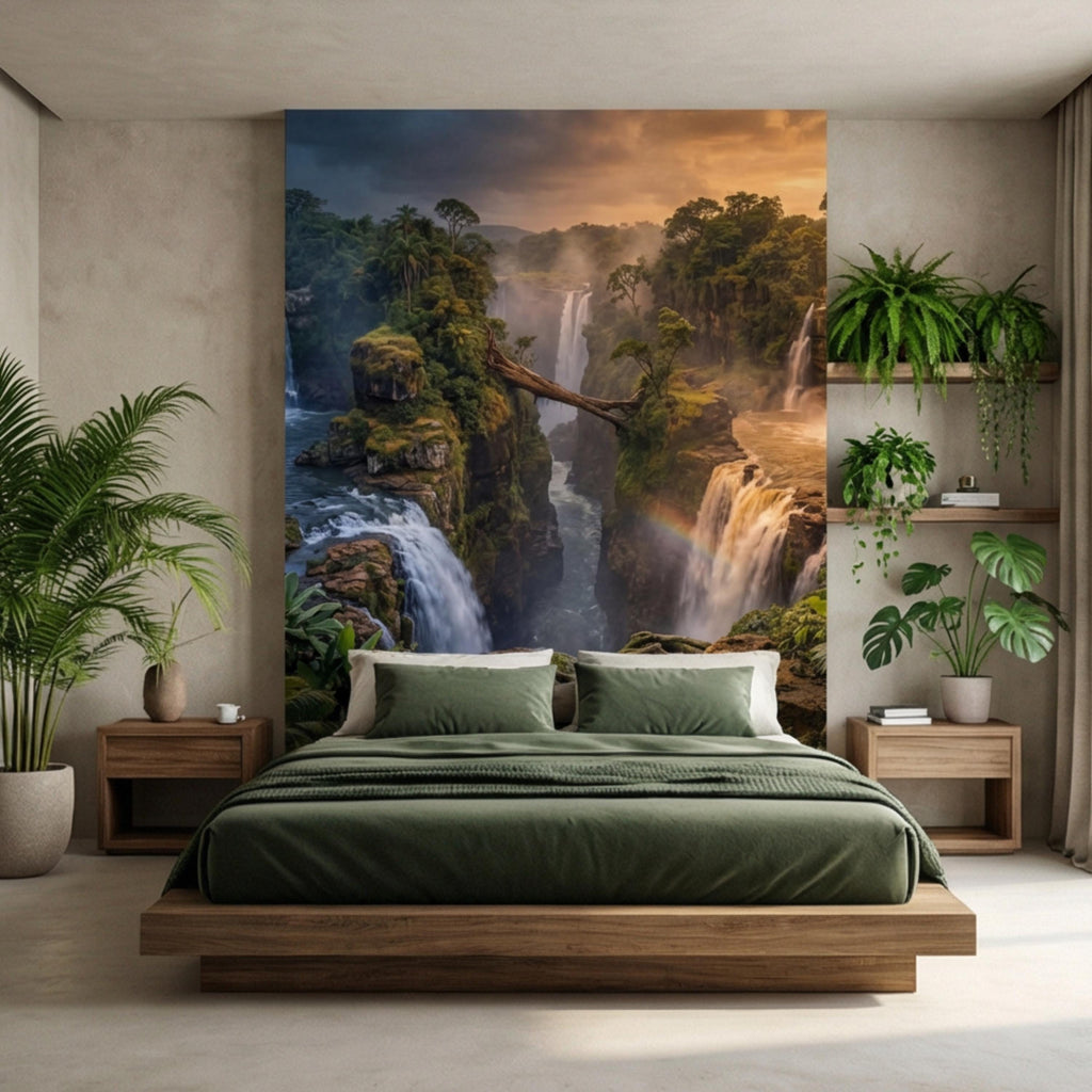 Epic Jungle Canyon Waterfall Sunset Peel and Stick Wall Mural, Dramatic Tropical Landscape Wallpaper