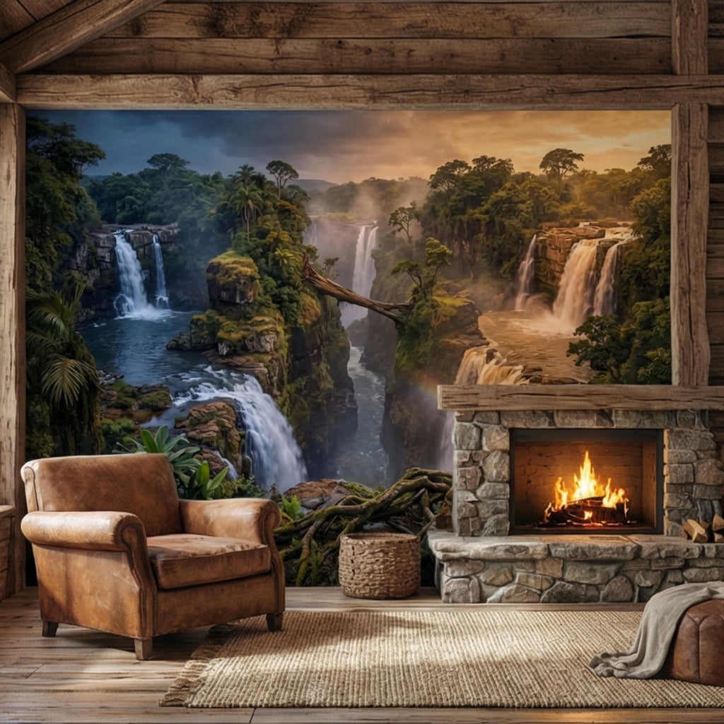 Epic Jungle Canyon Waterfall Sunset Peel and Stick Wall Mural, Dramatic Tropical Landscape Wallpaper
