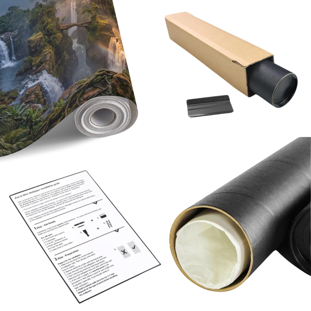 Epic Jungle Canyon Waterfall Sunset Peel and Stick Wall Mural, Dramatic Tropical Landscape Wallpaper