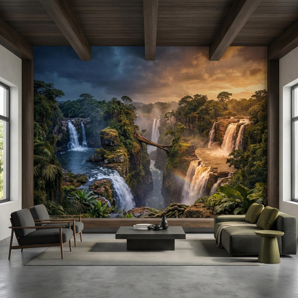 Epic Jungle Canyon Waterfall Sunset Peel and Stick Wall Mural, Dramatic Tropical Landscape Wallpaper