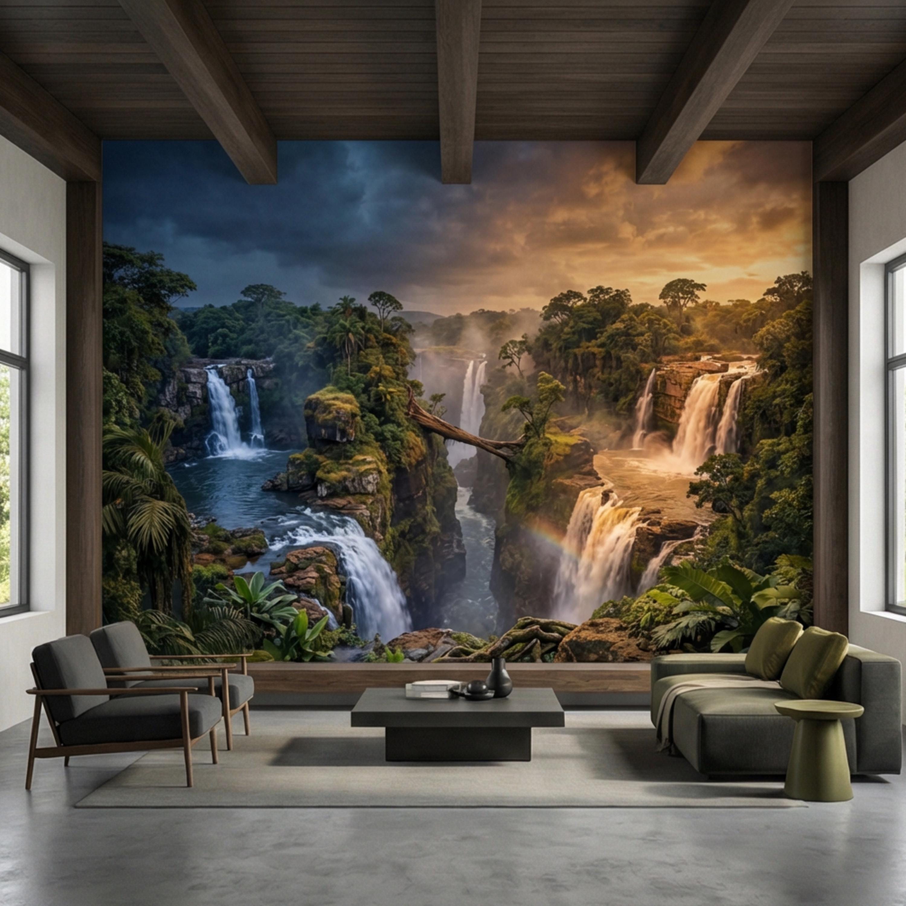 Epic Jungle Canyon Waterfall Sunset Peel and Stick Wall Mural, Dramatic Tropical Landscape Wallpaper