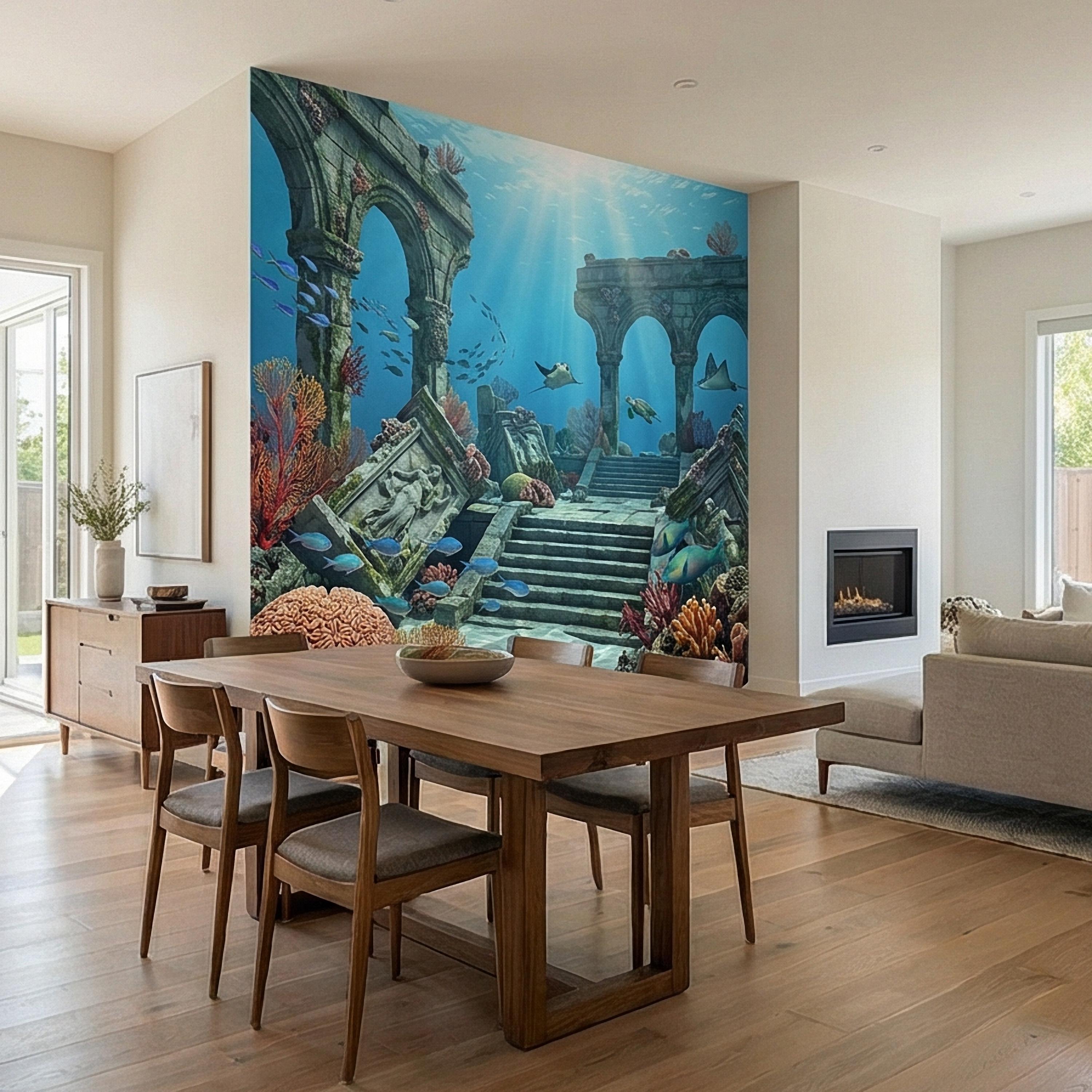 Underwater Ruins Peel and Stick Wall Mural, Ocean Reef Landscape, Sunken Temple Scenic, Tropical Sea Life Wallpaper