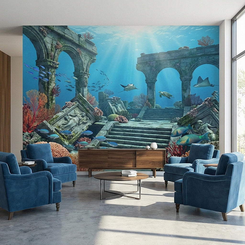 Underwater Ruins Peel and Stick Wall Mural, Ocean Reef Landscape, Sunken Temple Scenic, Tropical Sea Life Wallpaper