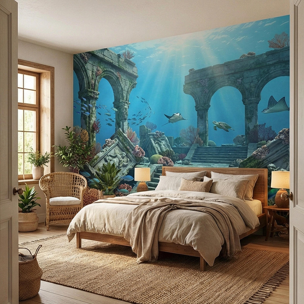 Underwater Ruins Peel and Stick Wall Mural, Ocean Reef Landscape, Sunken Temple Scenic, Tropical Sea Life Wallpaper