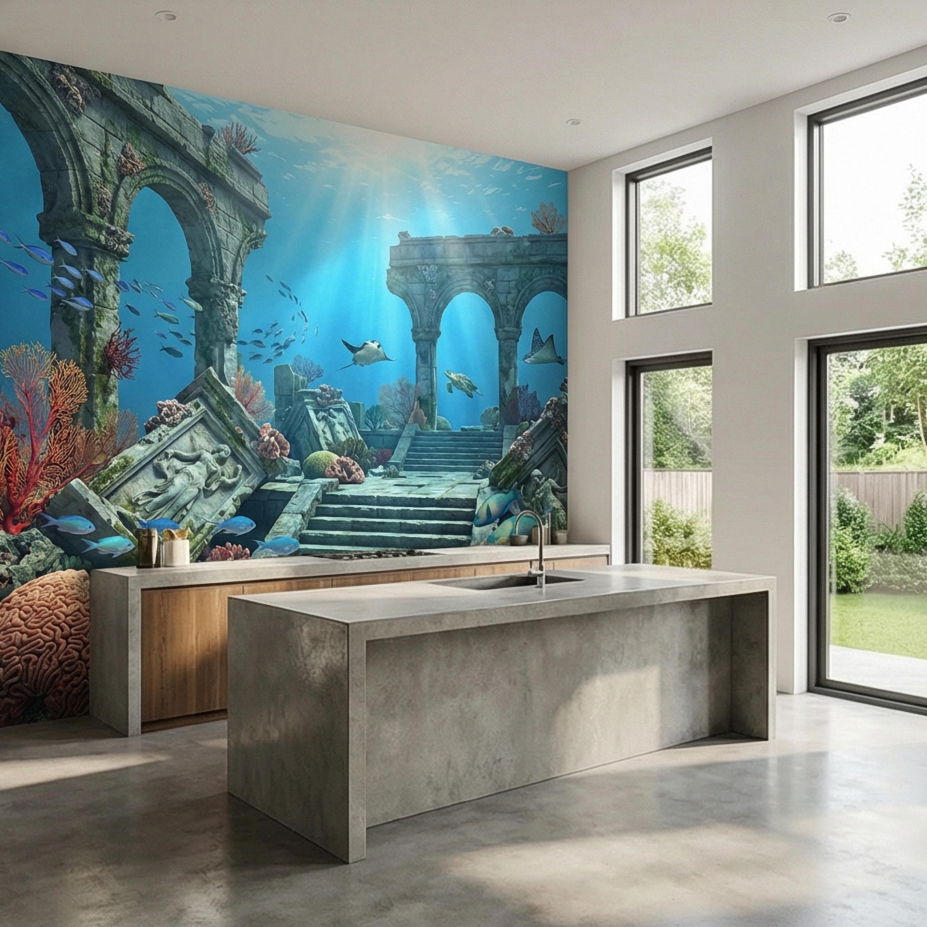 Underwater Ruins Peel and Stick Wall Mural, Ocean Reef Landscape, Sunken Temple Scenic, Tropical Sea Life Wallpaper