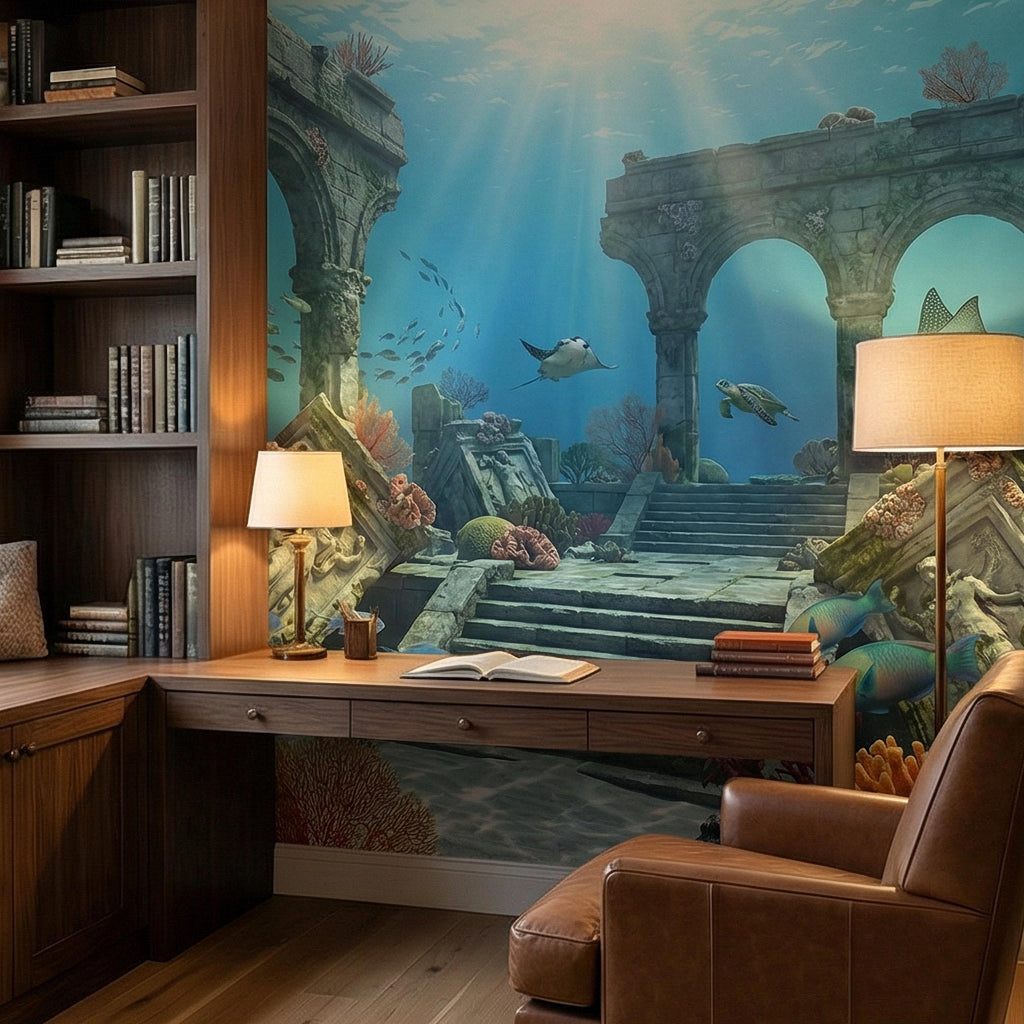 Underwater Ruins Peel and Stick Wall Mural, Ocean Reef Landscape, Sunken Temple Scenic, Tropical Sea Life Wallpaper