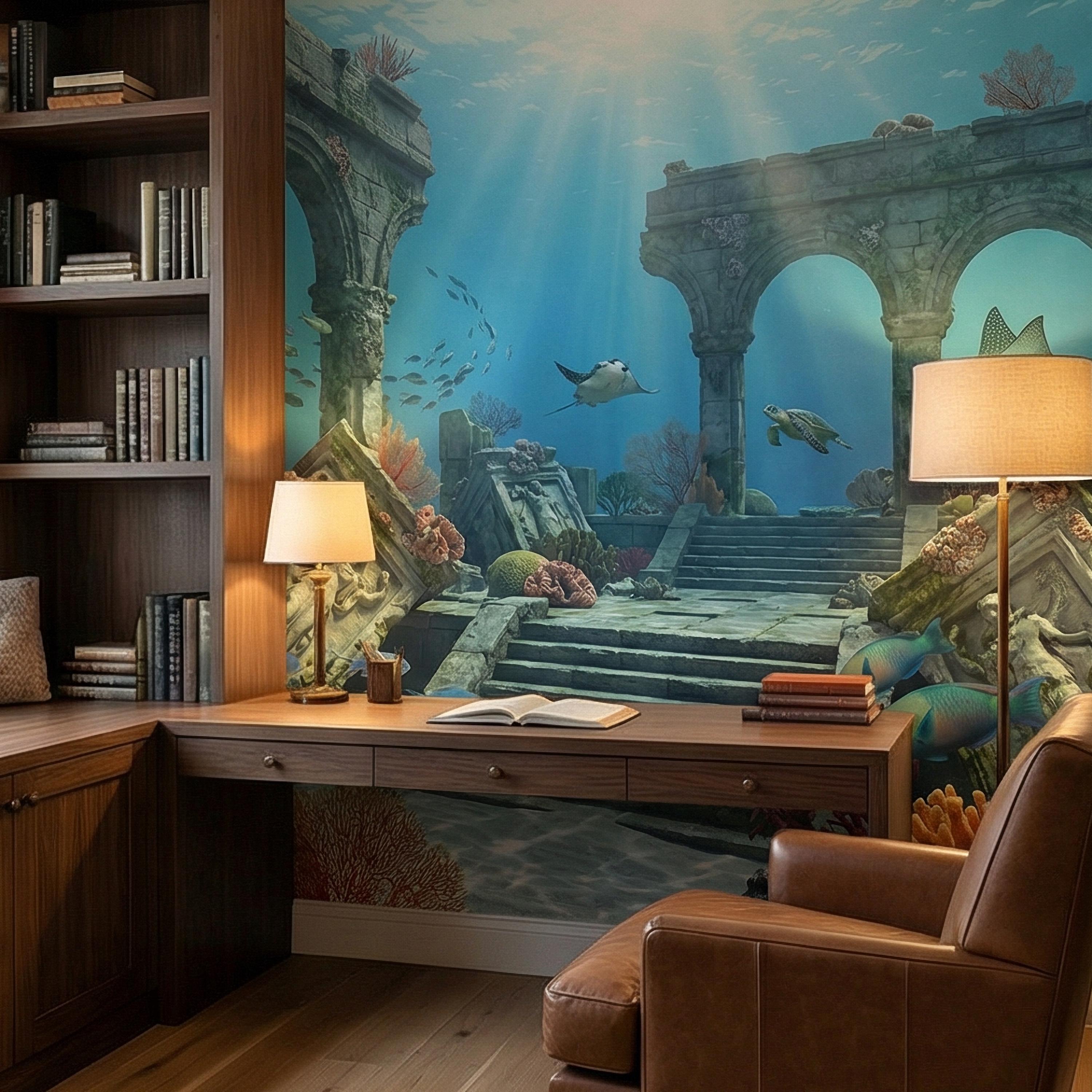 Underwater Ruins Peel and Stick Wall Mural, Ocean Reef Landscape, Sunken Temple Scenic, Tropical Sea Life Wallpaper