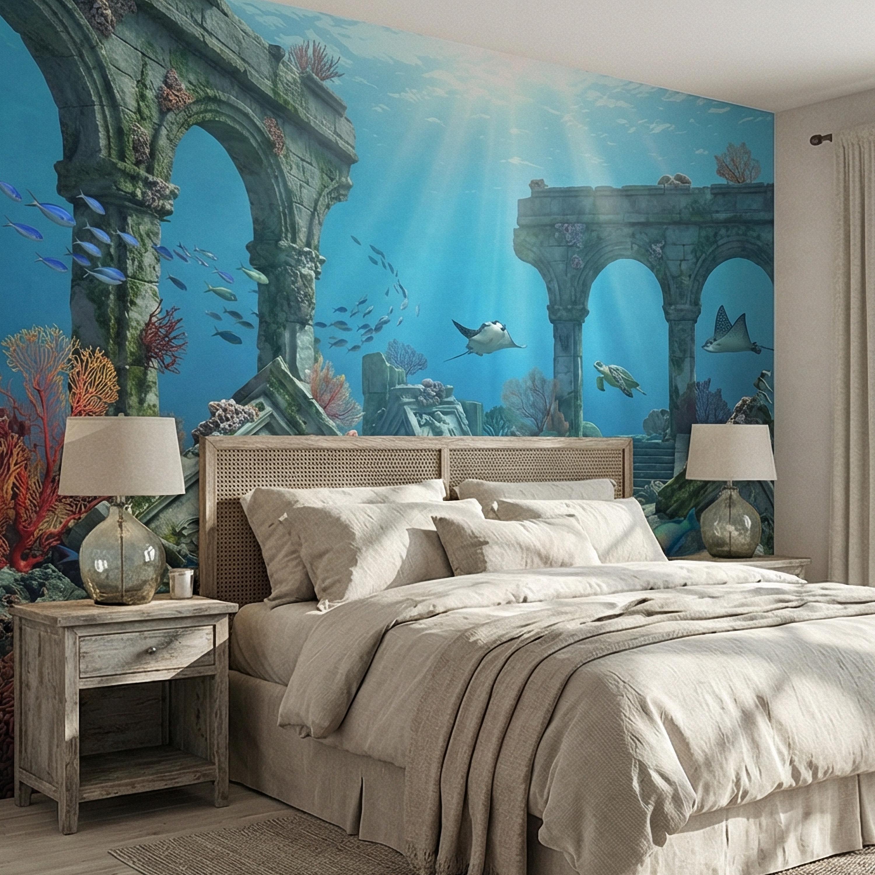 Underwater Ruins Peel and Stick Wall Mural, Ocean Reef Landscape, Sunken Temple Scenic, Tropical Sea Life Wallpaper