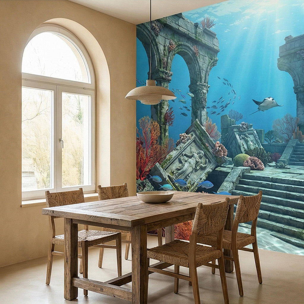 Underwater Ruins Peel and Stick Wall Mural, Ocean Reef Landscape, Sunken Temple Scenic, Tropical Sea Life Wallpaper