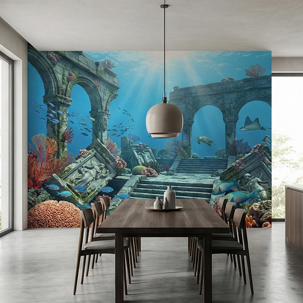 Underwater Ruins Peel and Stick Wall Mural, Ocean Reef Landscape, Sunken Temple Scenic, Tropical Sea Life Wallpaper