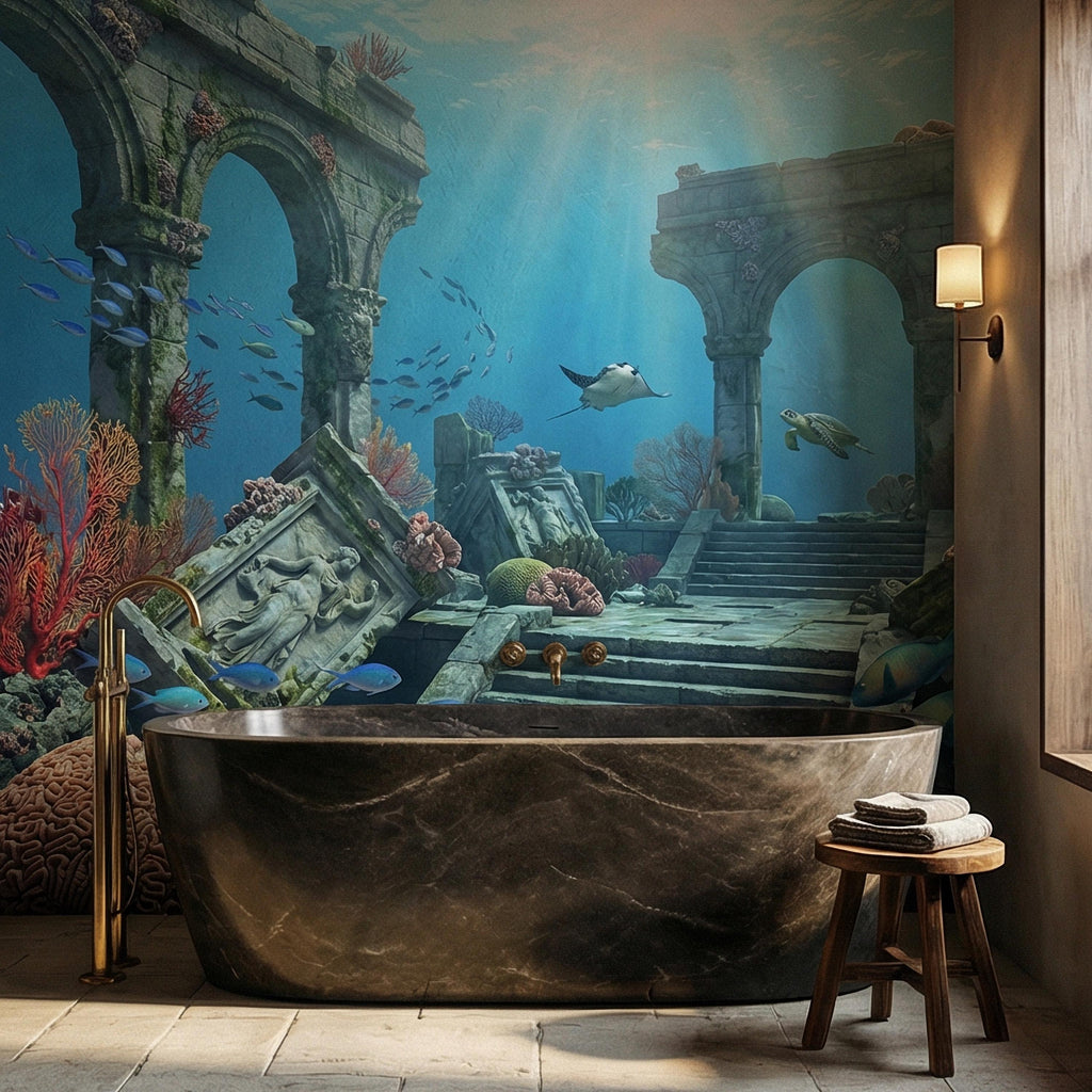 Underwater Ruins Peel and Stick Wall Mural, Ocean Reef Landscape, Sunken Temple Scenic, Tropical Sea Life Wallpaper