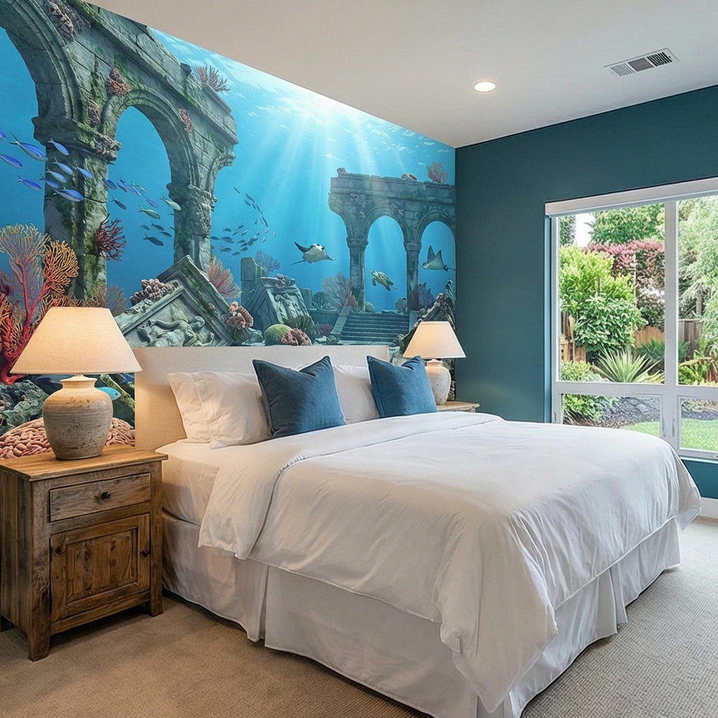 Underwater Ruins Peel and Stick Wall Mural, Ocean Reef Landscape, Sunken Temple Scenic, Tropical Sea Life Wallpaper