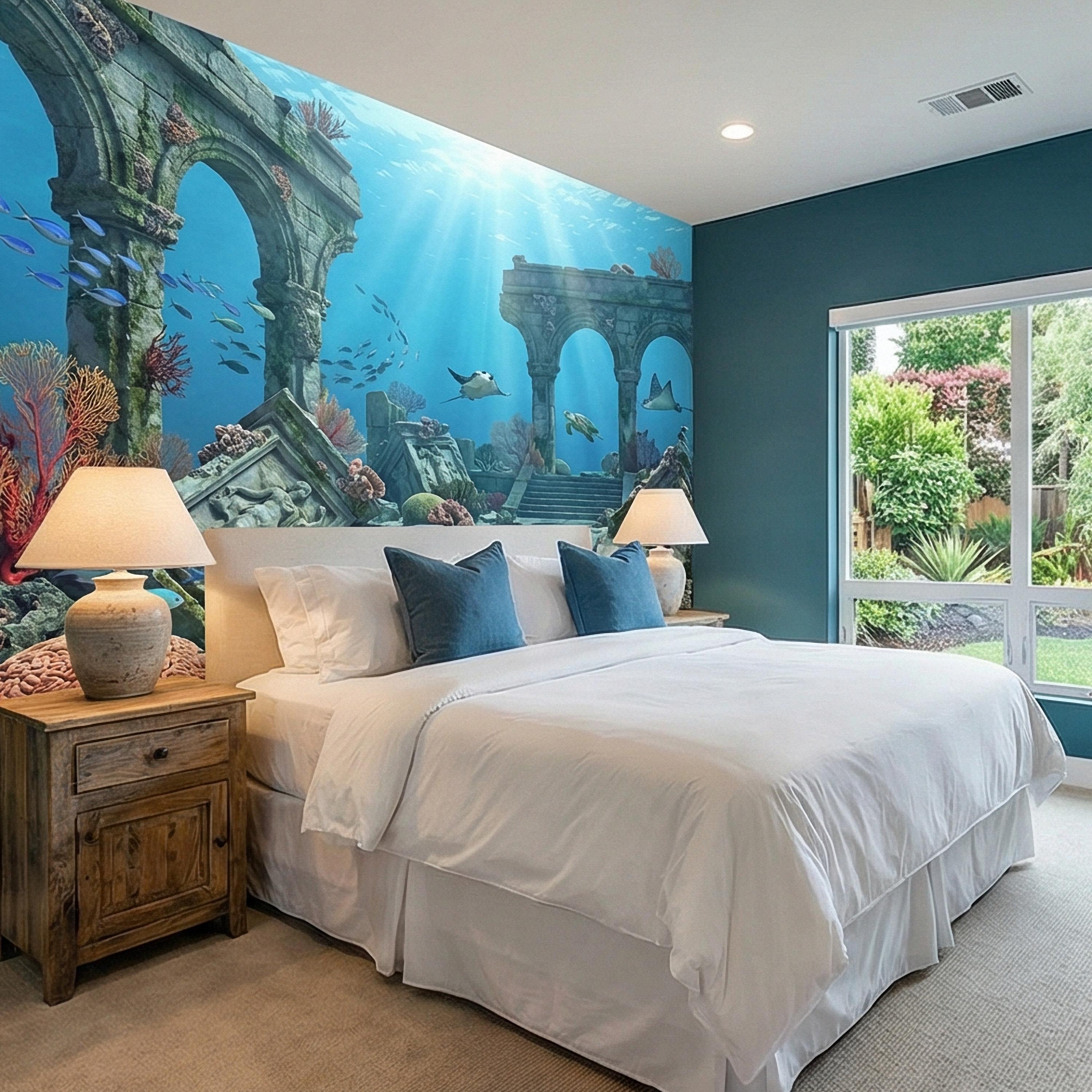 Underwater Ruins Peel and Stick Wall Mural, Ocean Reef Landscape, Sunken Temple Scenic, Tropical Sea Life Wallpaper