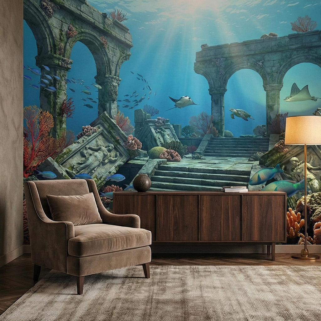Underwater Ruins Peel and Stick Wall Mural, Ocean Reef Landscape, Sunken Temple Scenic, Tropical Sea Life Wallpaper
