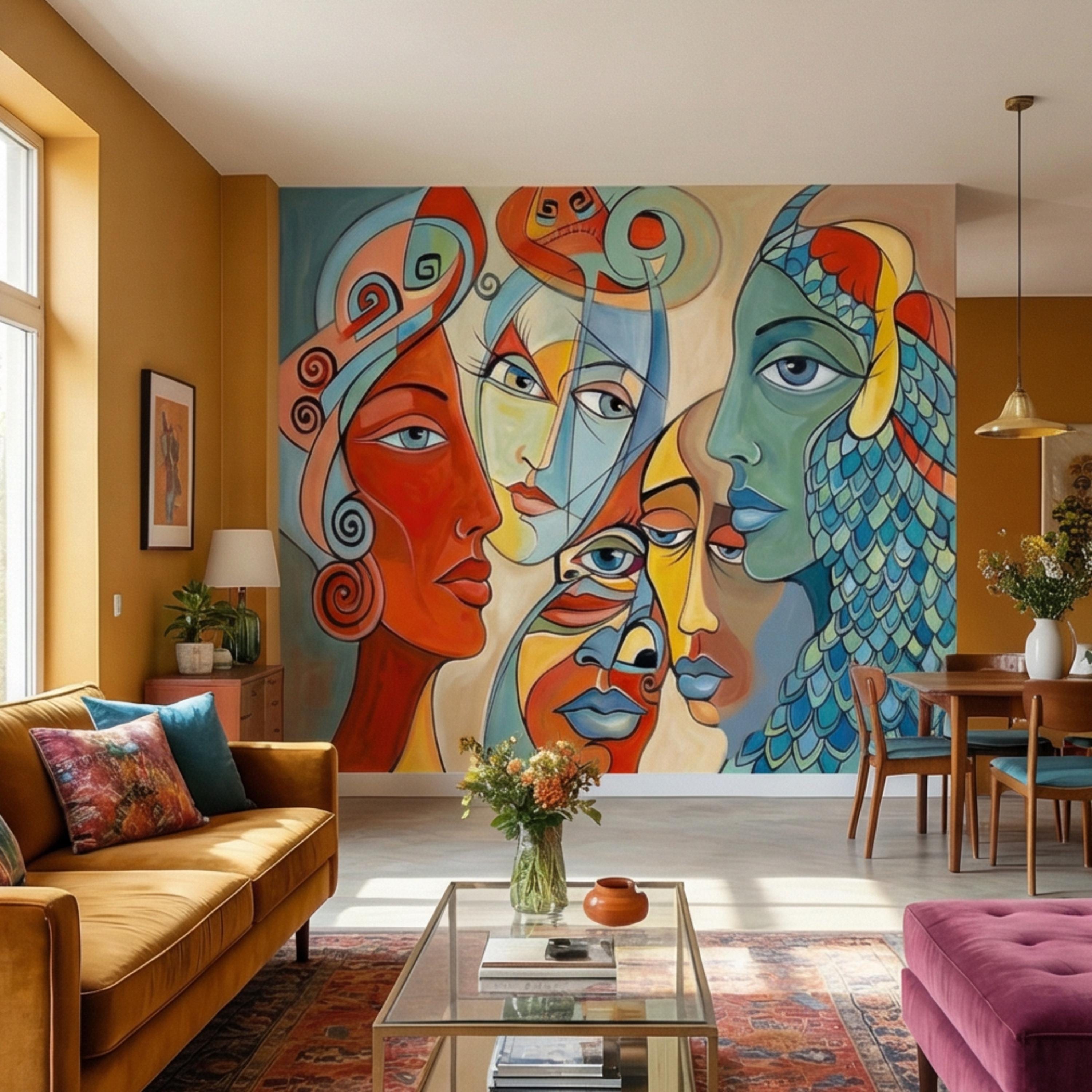 Bold Abstract Faces Peel and Stick Wall Mural, Colorful Modern Cubist Portrait Eclectic Interior Wallpaper