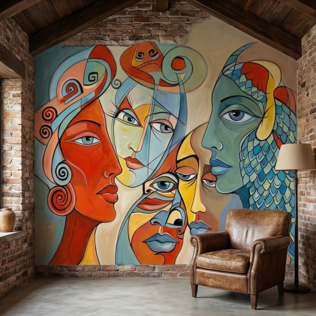 Bold Abstract Faces Peel and Stick Wall Mural, Colorful Modern Cubist Portrait Eclectic Interior Wallpaper
