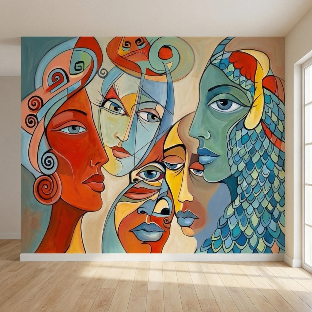 Bold Abstract Faces Peel and Stick Wall Mural, Colorful Modern Cubist Portrait Eclectic Interior Wallpaper