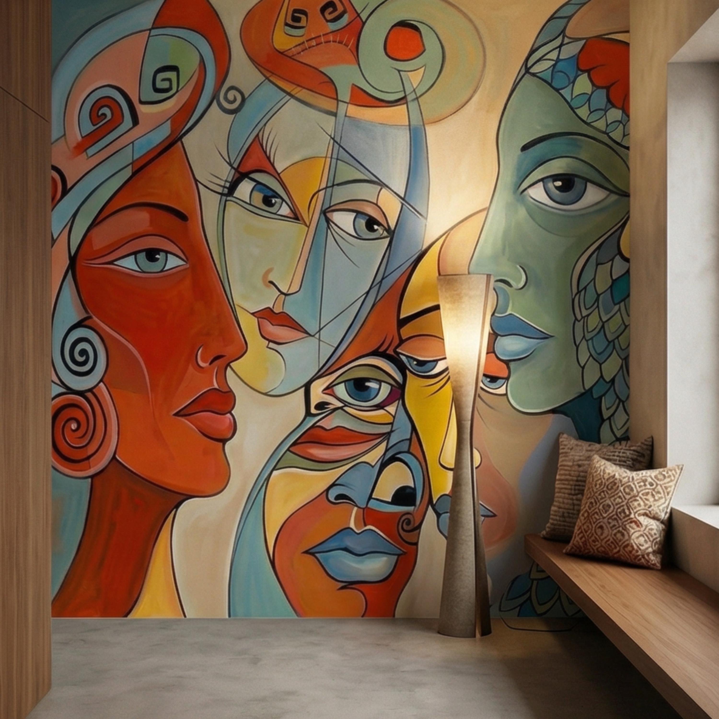 Bold Abstract Faces Peel and Stick Wall Mural, Colorful Modern Cubist Portrait Eclectic Interior Wallpaper