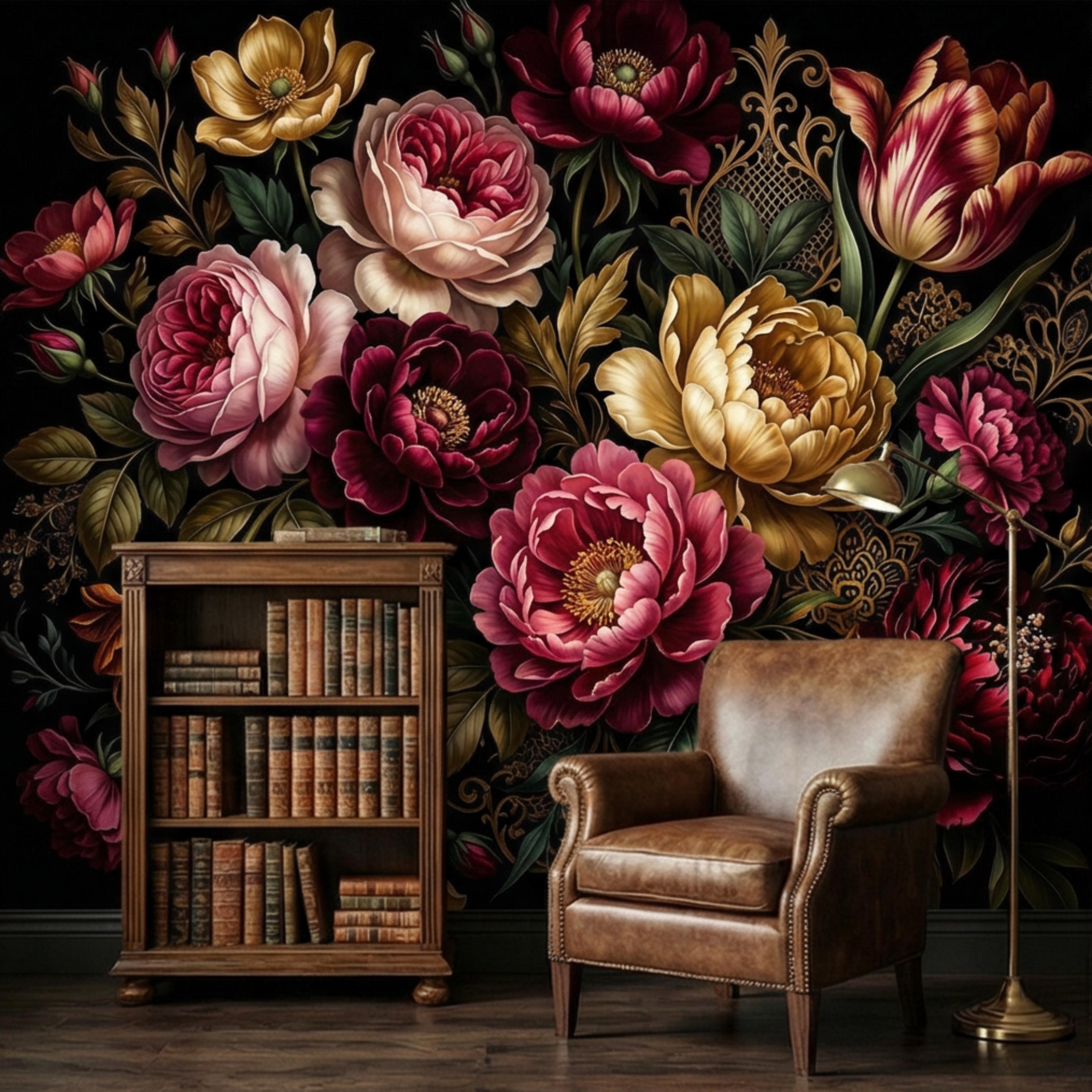 Dark Floral Peel and Stick Wall Mural, Moody Victorian Peony Tulip Maximalist Botanical Wallpaper