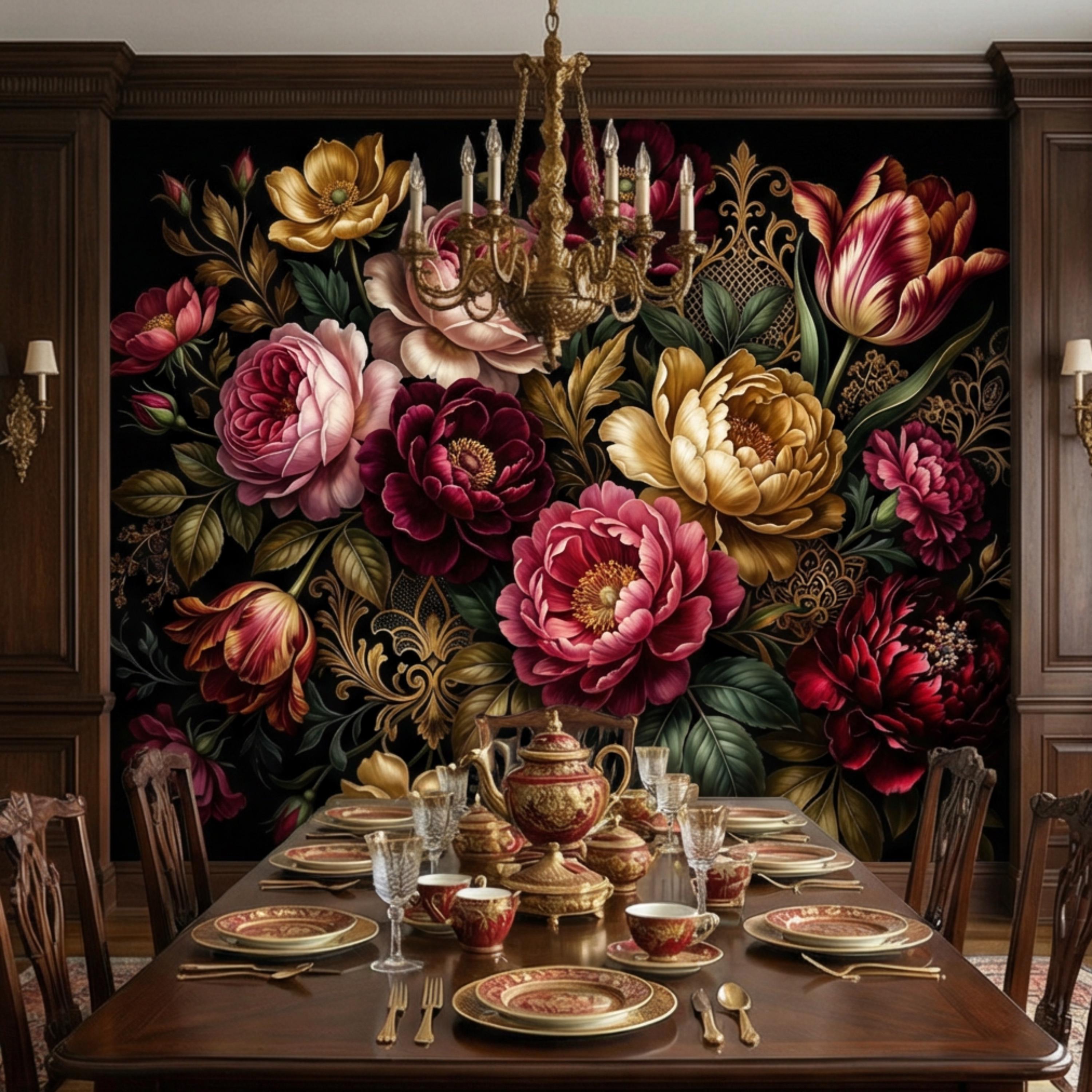Dark Floral Peel and Stick Wall Mural, Moody Victorian Peony Tulip Maximalist Botanical Wallpaper