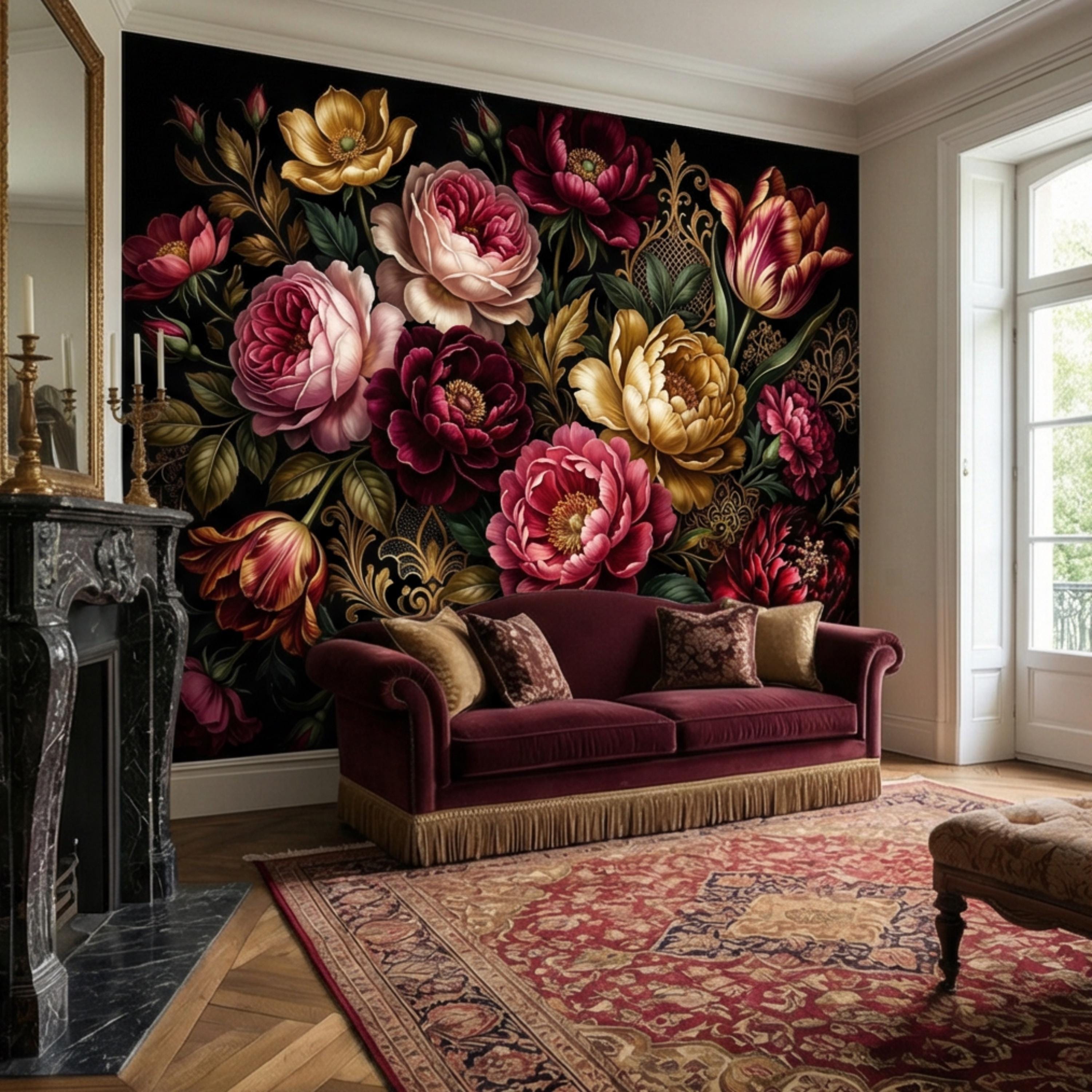 Dark Floral Peel and Stick Wall Mural, Moody Victorian Peony Tulip Maximalist Botanical Wallpaper