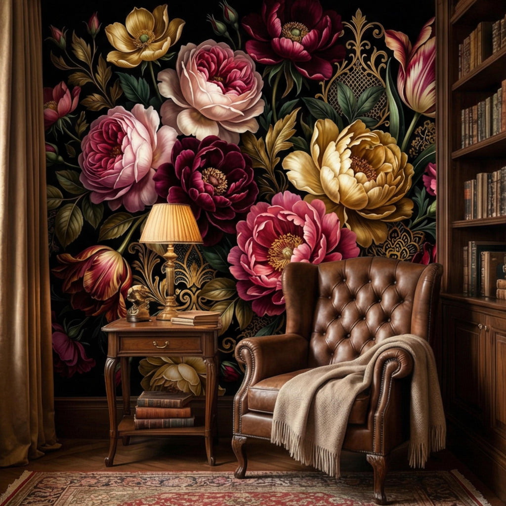 Dark Floral Peel and Stick Wall Mural, Moody Victorian Peony Tulip Maximalist Botanical Wallpaper